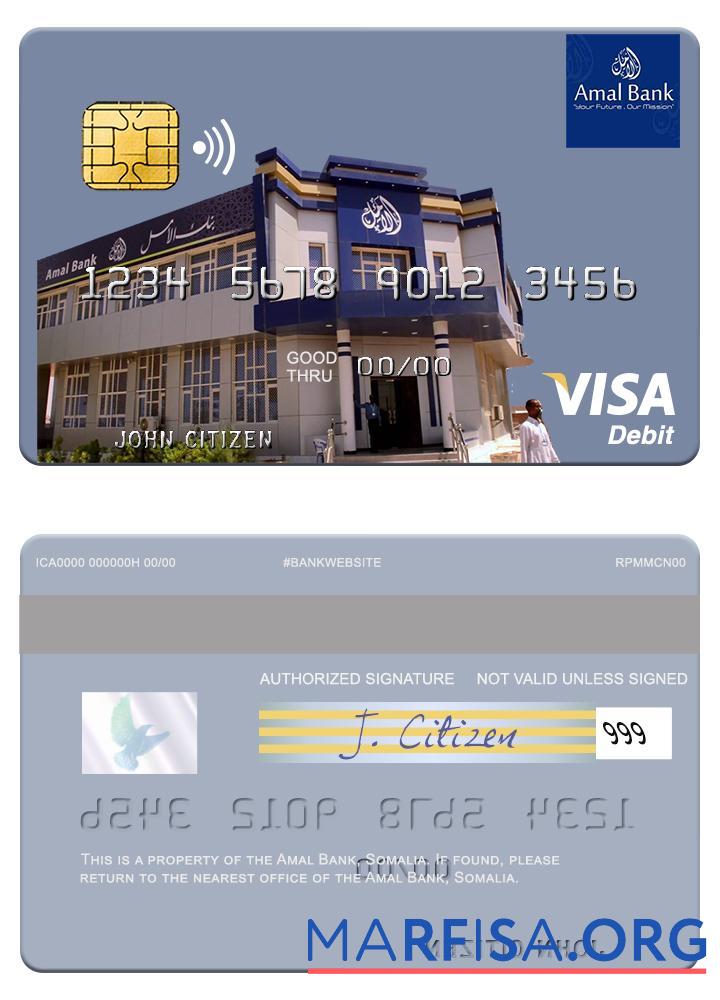 Realistic Somalia Amal Bank visa debit card example